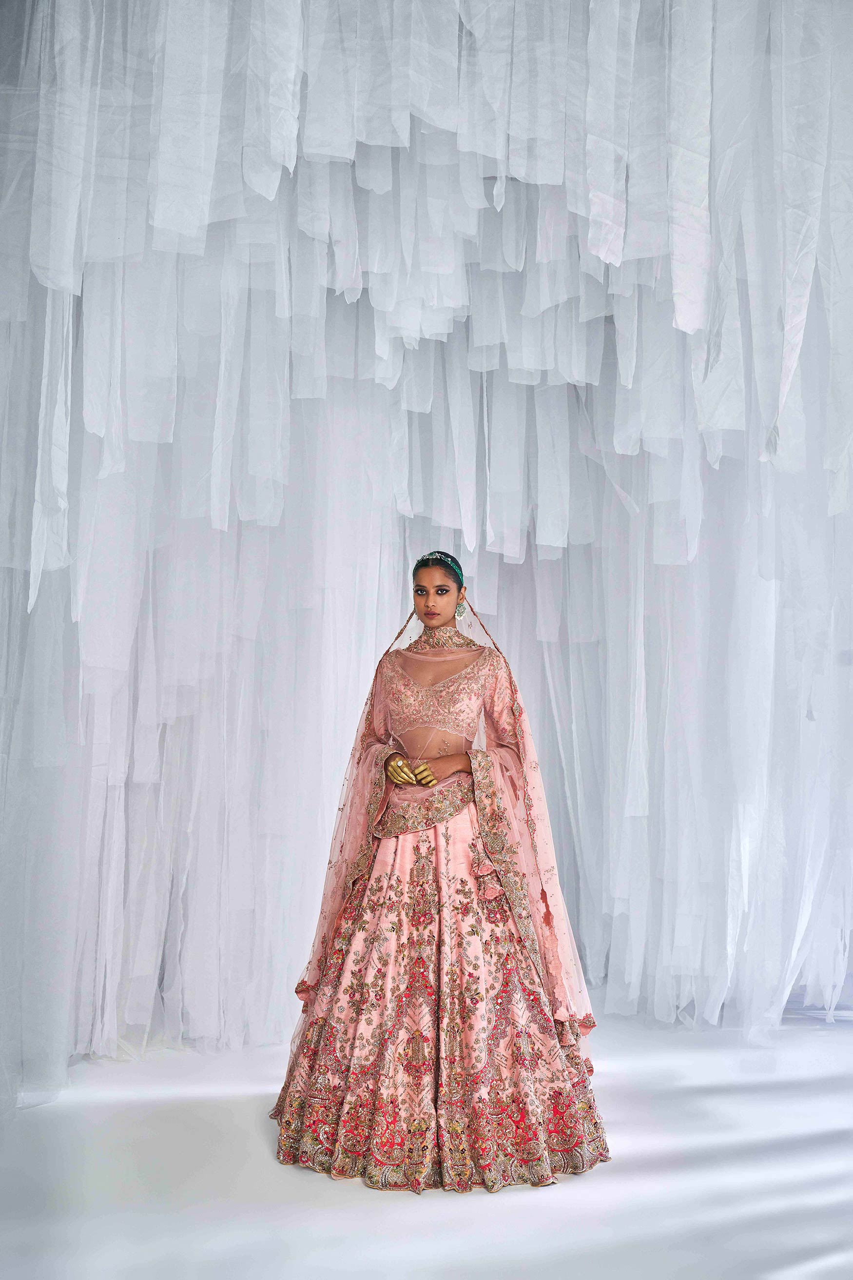 Most Popular Peach Pink Color Silk Fabric Bridal Wear Lehenga Choli