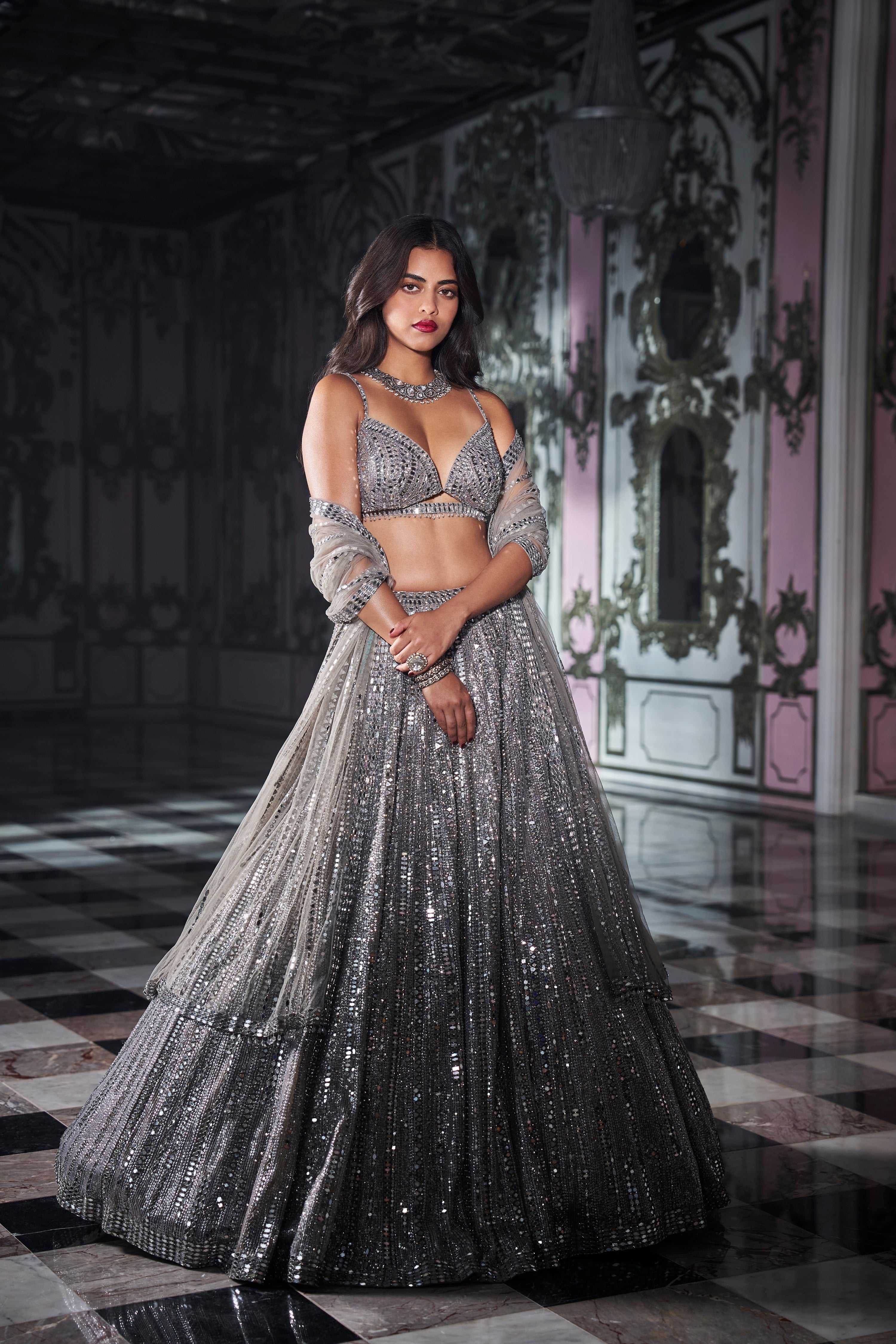White Georgette Lehenga Set With Silver Foil Work Design by Falguni Shane  Peacock India at Pernia's Pop Up Shop 2024