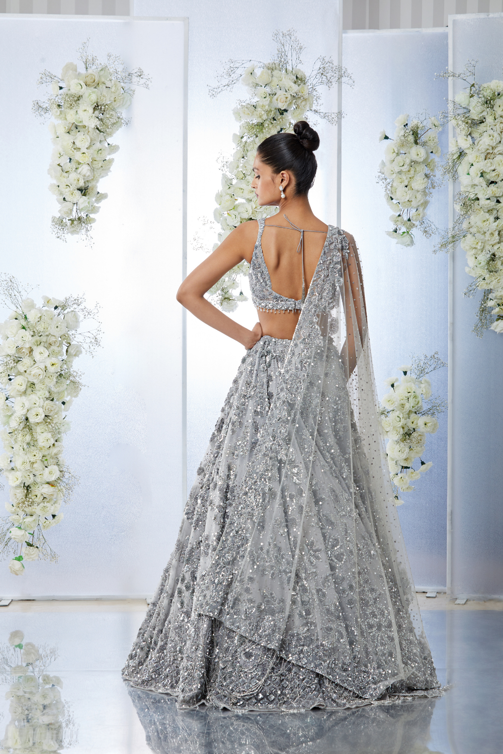 Buy Taupe Grey Mirror Embroidered Net Bridesmaids Lehenga Online | Samyakk